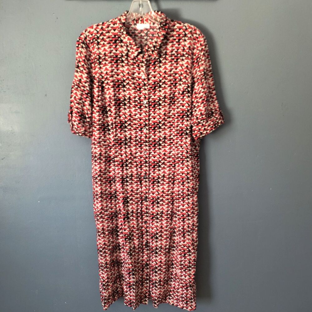 J Jill Shirt Dress 12 Tall Geometric Print Buttons Pockets Career Travel Church
